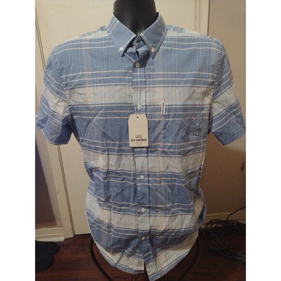 New BEN SHERMAN ORIGINAL Blue Plaid Button Up Short Sleeve Shirt Large L NWT - Picture 1 of 13